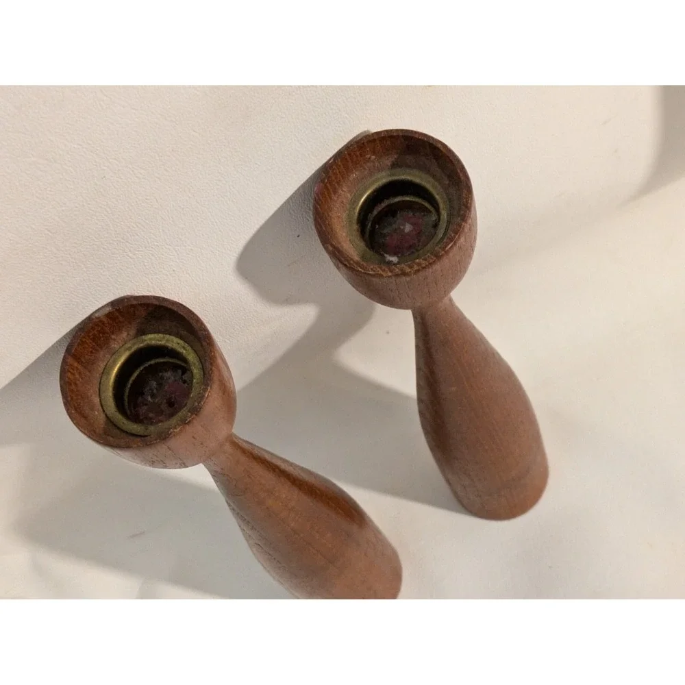 Vintage MCM 2 Teak Wood Tulip Candlestick Candle Holders Denmark 11.5 Inches